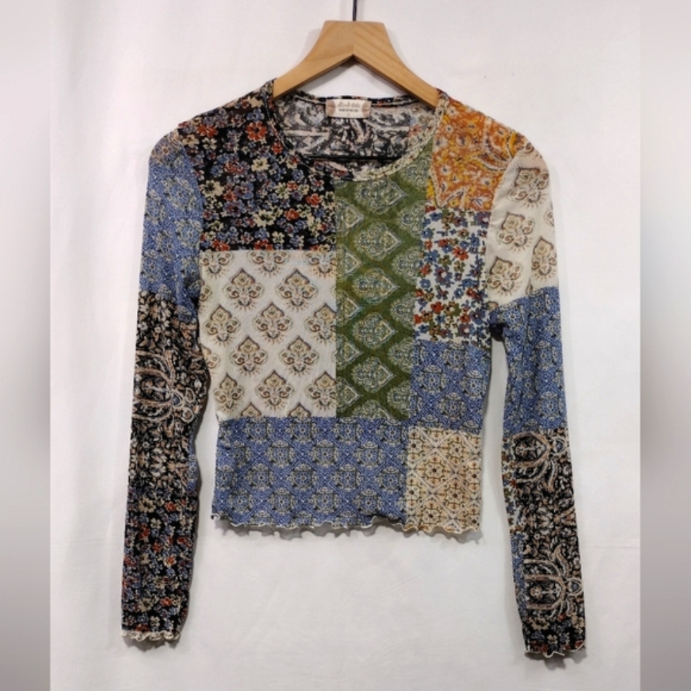 SOLD Altar'd State Floral Patchwork Mesh Top Women's S Multicolor Artsy - Picture 1 of 8